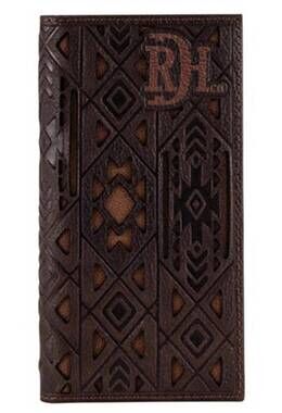 NEW RED DIRT HAT COMPANY men's genuine aztec tooled rodeo wallet in dark brown/t